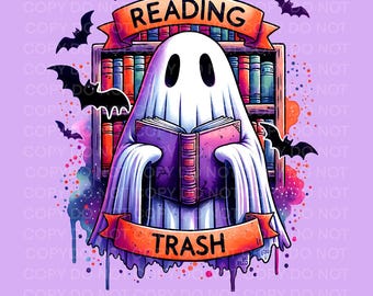 Reading Trash Ghost PNG, Spooky Ghost sublimation design Bookish Ghost PNG Book lover funny cute ghost Book lover gift spooky bookish png