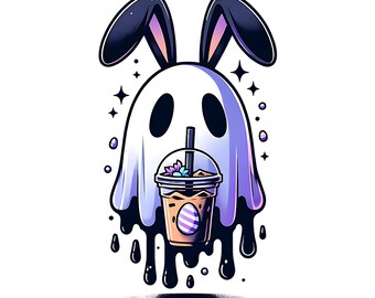 Ghost Bunny With Coffee PNG, Easter Bunny Clipart, Spooky Easter sublimation design, Ghost Coffee Png, Spooky Easter PNG, Spooky Coffee png