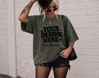 Comfort Colors C1717 Moss Shirt Mockup | CC 1717 Moss T-shirt Mockup | Model Mock | Tattooed Model | Edgy Alternative Shirt Mockup