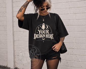 Comfort Colors C1717 Black Shirt Mockup | CC 1717 Black T-shirt Mockup | Model Mock | Tattooed Model | Edgy Alternative Shirt Mockup