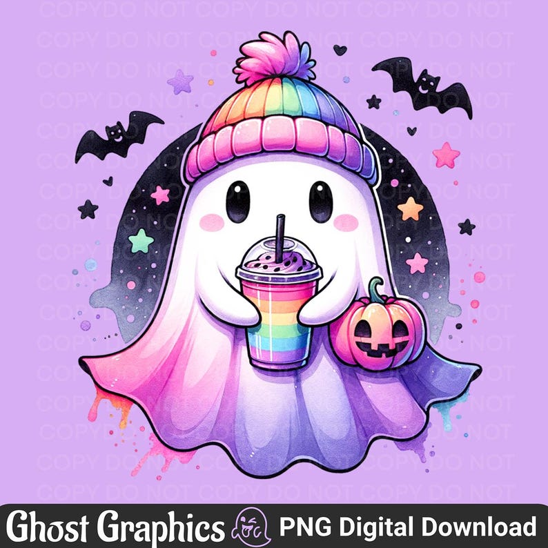 May include: A cute cartoon ghost wearing a rainbow beanie and holding a rainbow drink and a pink pumpkin. The ghost is surrounded by bats and stars on a purple background. The image has the text "Ghost Graphics PNG Digital Download".