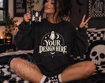 Gildan 18000 Black Sweatshirt Mockup | G180 Black Crewneck Mockup | Model Mock | Spooky Alternative Model Checkered Mockup