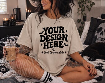 Comfort Colors C1717 Ivory Shirt Mockup | CC 1717 Ivory T-shirt Mock-up | Model Mock | Tattooed Model Shirt Mockup | Coffee Mockup
