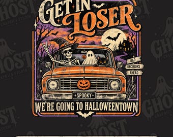Halloweentown Road Trip Shirt Design, Spooky Skeleton Ghost Cat (PNG)