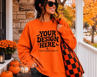 Gildan 18000 Orange Sweatshirt Mockup | G180 Orange Crewneck Mockup | Model Mock | Fall Etsy Mockup | Halloween Sweatshirt Mockup