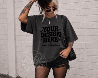 Comfort Colors C1717 Pepper Shirt Mockup | CC 1717 Pepper T-shirt Mock-up | Tattooed Model Tee Mockup | Gothic  T Shirt Mockup Trendy
