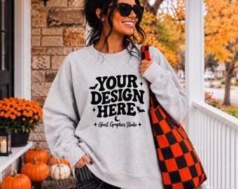 Gildan 18000 Ash Gray Sweatshirt Mockup | G180 Ash Gray Crewneck Mockup | Model Mock | Fall Etsy Mockup | Halloween Sweatshirt Mockup