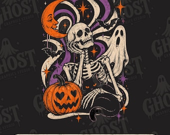 Spooky Halloween png, Retro Skeleton png, Halloween Cat, Ghost Pumpkin png, Spooky Bat  Retro Halloween Trendy Fall Spooky Season