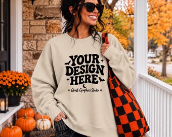 Gildan 18000 Sand Sweatshirt Mockup | G180 Sand Crewneck Mockup | Model Mock | Fall Etsy Mockup | Halloween Sweatshirt Mockup
