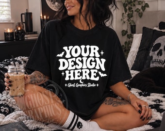 Comfort Colors C1717 Black Shirt Mockup | CC 1717 Black T-shirt Mockup | Model Mock | Tattooed Model | Coffee Alternative Shirt Mockup