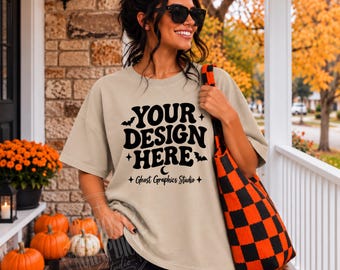 Comfort Colors C1717 Ivory Shirt Mockup | CC 1717 Ivory T-shirt Mock-up | Model Mock | Spooky Fall Halloween | Halloween Shirt Mockup