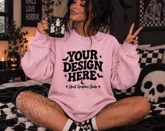 Gildan 18000 Light Pink Sweatshirt Mockup | G180 Light Pink Crewneck Mockup | Model Mock | Spooky Alternative Checkered Mockup