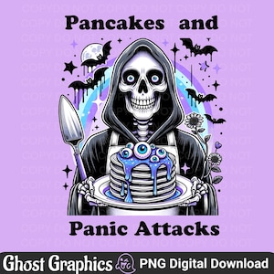Pfannkuchen und Panikangriffe SVG PNG, gruseliges Skelett, psychische Gesundheit Angst Retro lustiges sarkastisches Erwachsenen Humor Sublimationsdesign T-Shirt