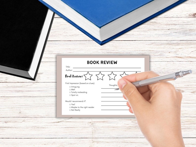 May include: A white book review template with a black border. The template has a section for the title, author, and a five-star rating system. There is also a section for first impressions, thoughts, and a recommendation section.