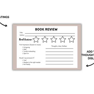 May include: A printable book review template with a five-star rating system. The template includes sections for title, author, first impression, thoughts, likes, dislikes, and a recommendation. The text "ADD YOUR THOUGHTS, LIKES, DISLIKES" is included on the template.