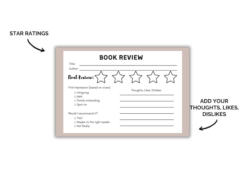 May include: A printable book review template with a five-star rating system. The template includes sections for title, author, first impression, thoughts, likes, dislikes, and a recommendation. The text "ADD YOUR THOUGHTS, LIKES, DISLIKES" is included on the template.