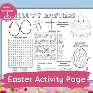 May include: A printable Easter activity page with the text "HOPPY EASTER!" features various games, including a word search, a maze, and drawing prompts. The page is decorated with Easter-themed illustrations and is designed for children.