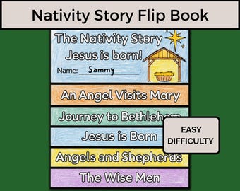 Könnte beinhalten: Ein farbenfrohes Krippengeschichten-Flipbook mit dem Titel oben. Das Flipbook enthält Abschnitte wie „Jesus ist geboren“ und „Engel und Hirten“. Der Text „Einfacher Schwierigkeitsgrad“ ist ebenfalls sichtbar.
