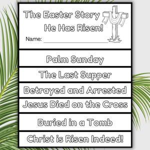 Op de afbeelding: Zwart-witte afdrukbare activiteitspagina over het Paasverhaal met de titel "The Easter Story He Has Risen!" en een lijst met gebeurtenissen: Palm Sunday, The Last Supper, Betrayed and Arrested, Jesus Died on the Cross, Buried in a Tomb, Christ is Risen Indeed!