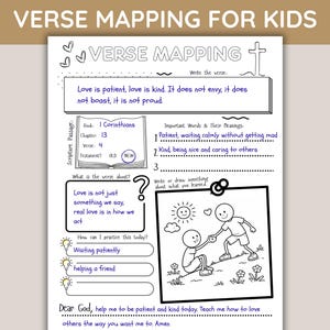 May include: A black and white worksheet titled "Verse Mapping for Kids" with text and illustrations. The worksheet includes a Bible verse, definitions, and prompts for reflection. The image features a drawing of two stick figures helping each other.