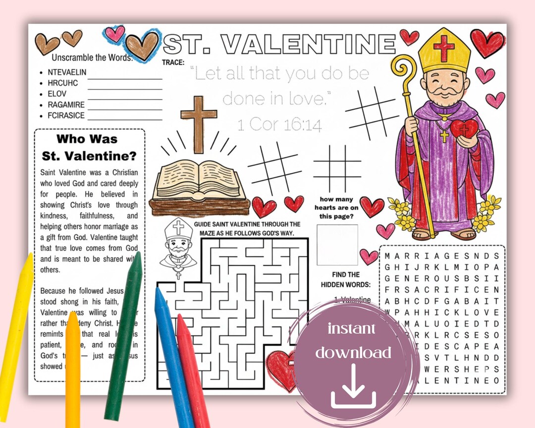Saint Valentine Bible Activity Placemat Coloring Page Kids St ...