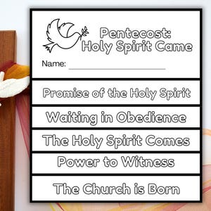 May include: A black and white printable worksheet with the title "Pentecost: Holy Spirit Came". The worksheet includes a blank line for a name, and five sections with the following text: "Promise of the Holy Spirit", "Waiting in Obedience", "The Holy Spirit Comes", "Power to Witness", and "The Church is Born".