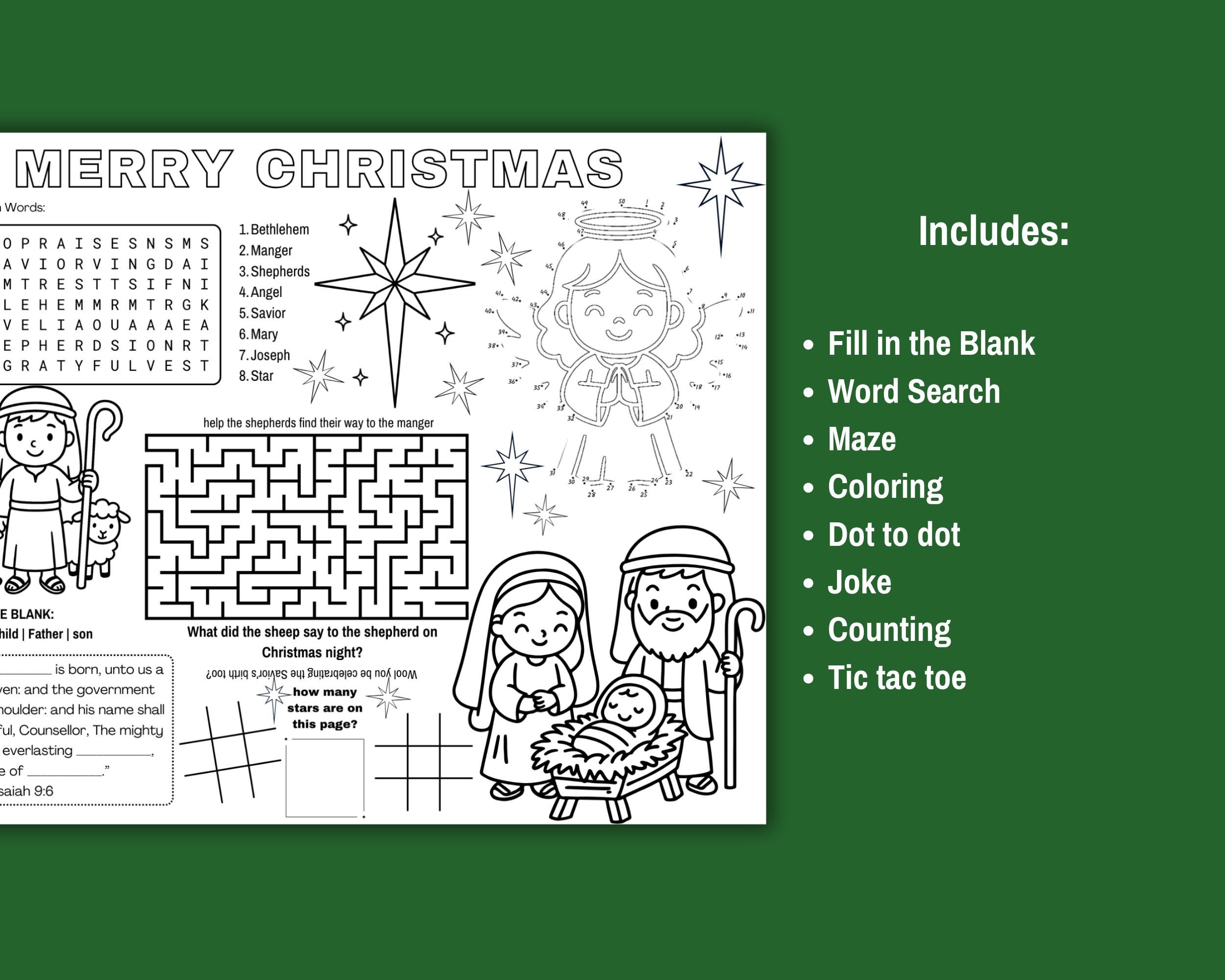 Christian Christmas Activity Placemat for Kids Nativity Coloring Page ...
