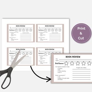 May include: Printable book review cards with a five-star rating system. The cards are beige with black text and lines. The text includes "Book Review", "Final Review", "First Impression", "Thoughts, Likes, Dislikes", and "Would I recommend it?"