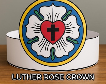 May include: A white paper crown featuring the Luther Rose emblem. The emblem includes a red heart with a black cross, surrounded by a white rose, blue circle, and yellow border. The text "LUTHER ROSE CROWN" is printed at the bottom.