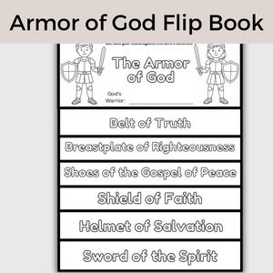 Puede incluir: Libro desplegable en blanco y negro titulado "Armor of God Flip Book". El libro presenta ilustraciones de un guerrero con una espada y un escudo. Las secciones del libro desplegable incluyen "Belt of Truth", "Breastplate of Righteousness" y "Shoes of the Gospel of Peace".