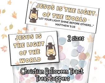 Christian Halloween Tract Goodie Bag Treat Topper Bible Verse Trunk or Treat Gospel Autumn Fall Festival Harvest Basket Gift Tag Light World