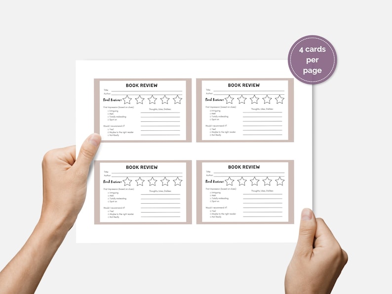 May include: Printable book review cards with a five-star rating system. The cards are designed for recording thoughts and opinions on books read. Each card has a light brown background and black text.