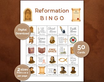 Reformation Day Bingo Printable Christian Game for Kids Homeschool Sunday School Church Party Activity Martin Luther Youth Group 50 Cards