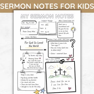Op de afbeelding: Een zwart-wit afdrukbare preeknotitiepagina voor kinderen. De pagina bevat secties voor schriftgedeelten, notities en gebeden. De titel bovenaan luidt "SERMON NOTES FOR KIDS". De pagina is ontworpen om kinderen te helpen zich met de preek bezig te houden en deze te onthouden.