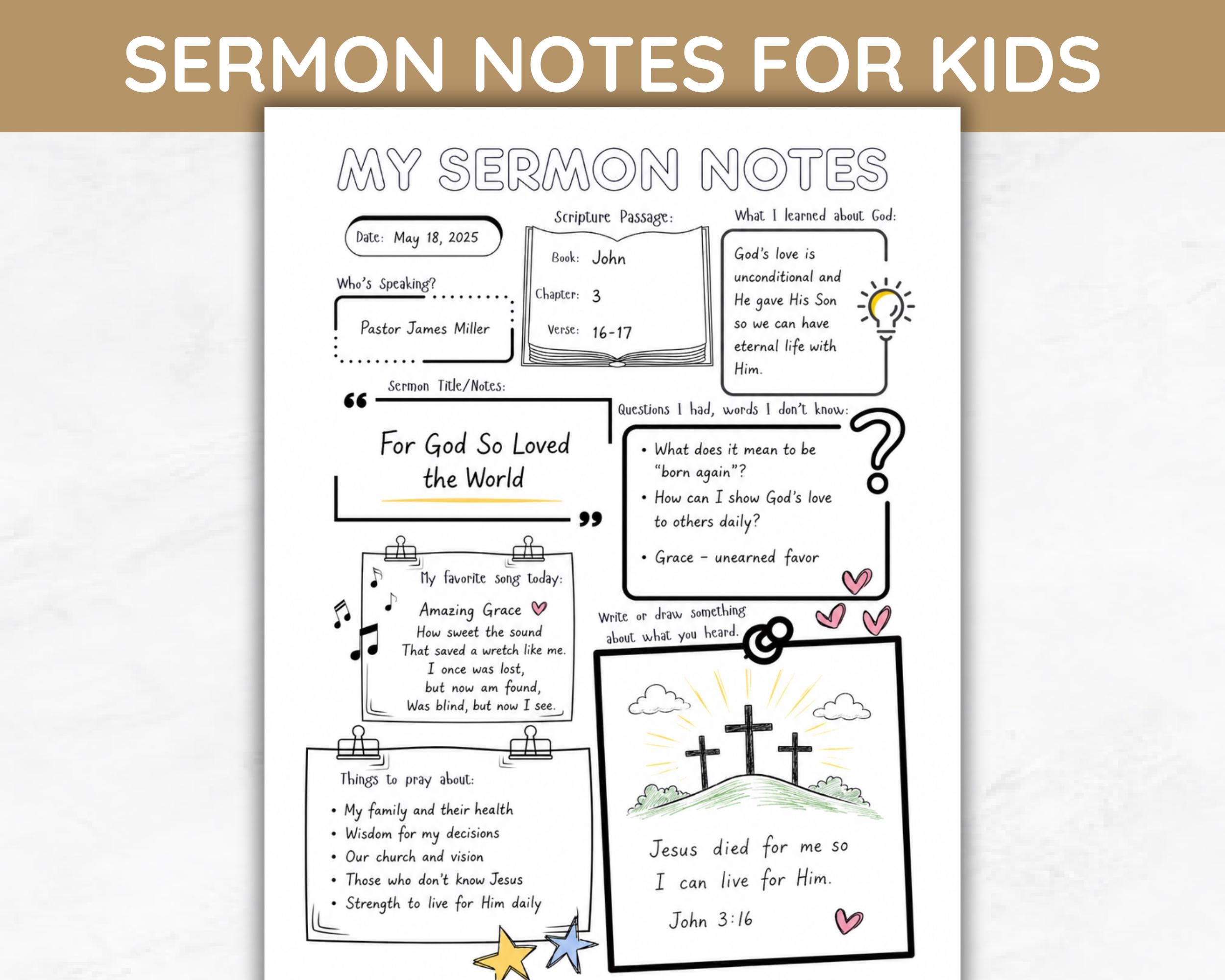 Sermon Notes for Kids Weekly Bible Note Taking Template for Sunday ...