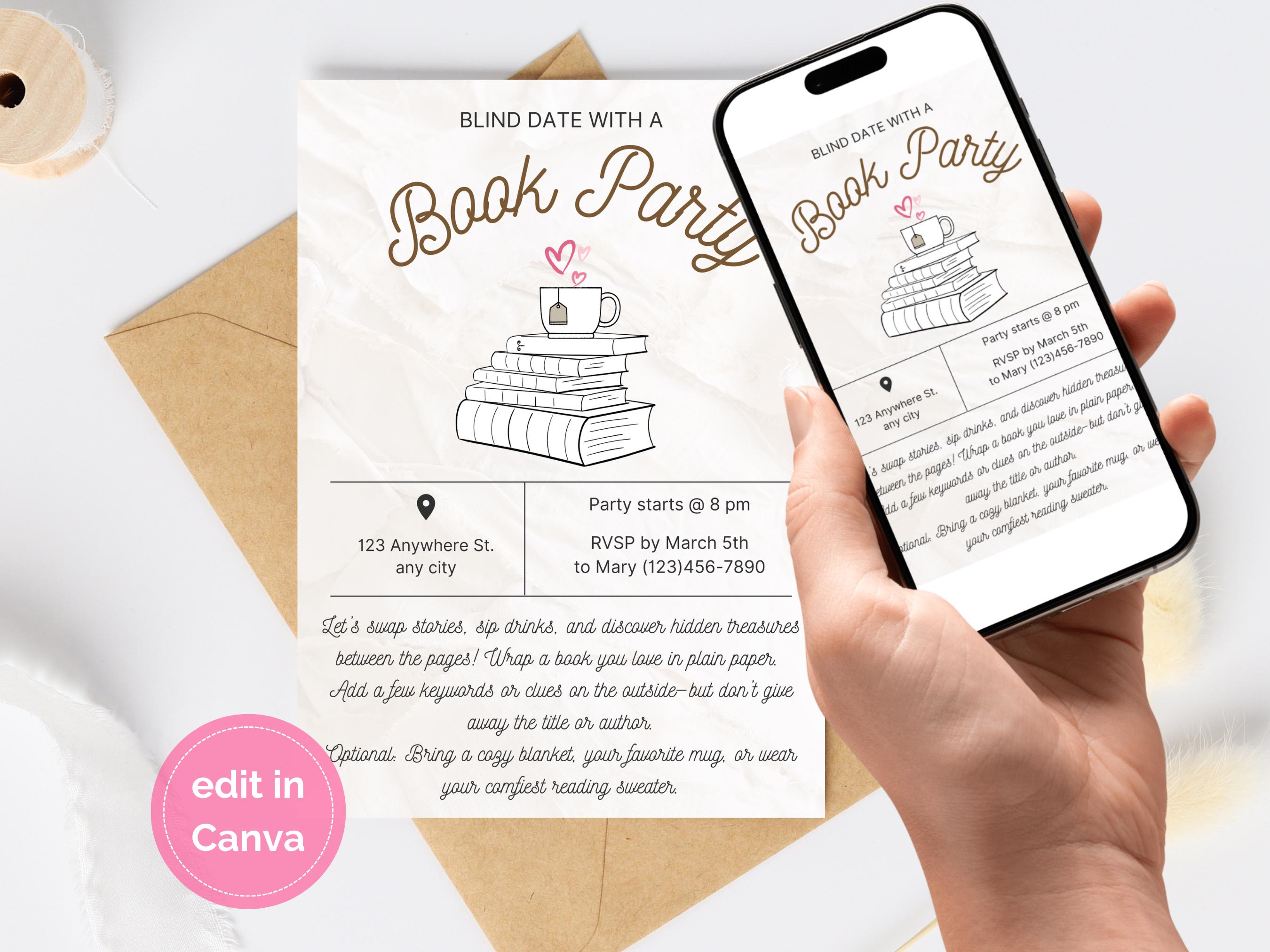 Book Invite Blind Date With a Book Party Invitation Canva Template for a Book Party ...