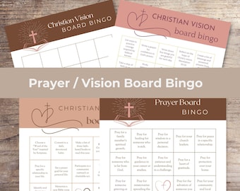 May include: A brown and pink bingo card with the title "Christian Vision Board Bingo". The card has a grid of squares with different prayer prompts, such as "Pray for a family member's spiritual growth" and "Pray for healing for someone who is sick".