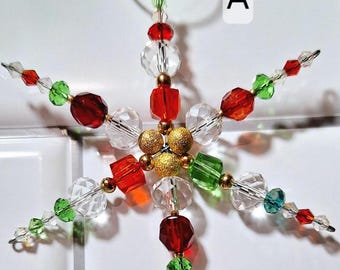 Red and Green Snowflake Ornaments, One of a Kind, Handcrafted. Silver, Crystal and Glass Beaded