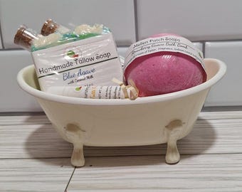 Bath Gift Set: Handmade Tallow Soap, Bath Bombs, Salts in Metal Tub