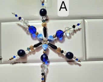 Snowflake Ornaments, One of a Kind, Handcrafted. Silver, Crystal and Glass Beaded
