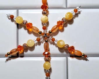 Citrine Snowflake Ornaments, One of a Kind, Gemstone, Handcrafted. Gold, Crystal and Glass Beaded