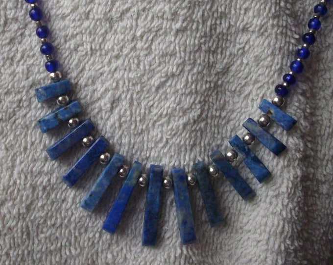 Natural Lapis Lazuli Statement Necklace, Graduated Gemstone Beaded Necklace with Silver Accents, 19 Inch Royal Blue Jewelry Gift for Her