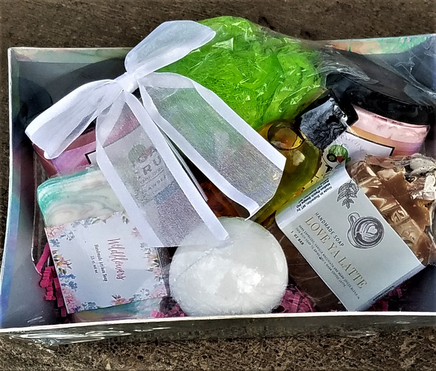 Gift Basket with Shrink Wrapping, Bow and Crinkle Paper Stuffing