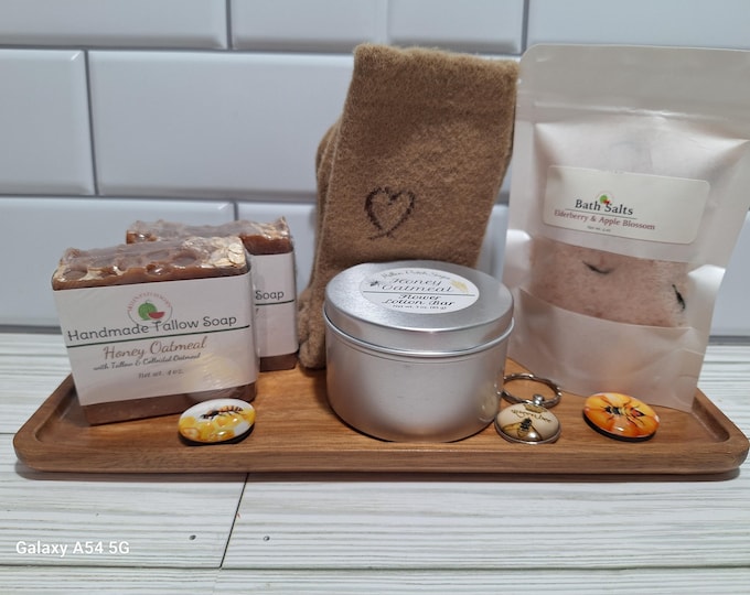 Gift Set Honey Oatmeal- Soaps, Lotion Bar and Bath Salts in Bamboo Trays,  Honey Bees- Valentine's Day, Mother's Day or Birthday,