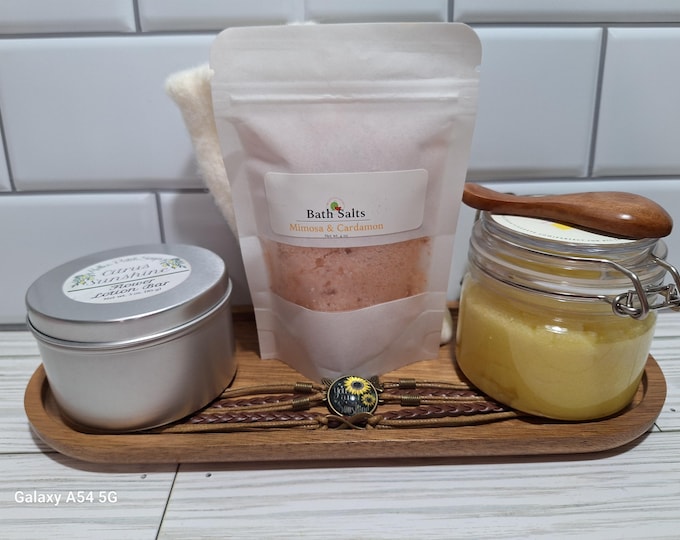 Gift Set Citrus Scents- Sugar Scrub, Lotion Bar and Bath Salts in Bamboo Trays, Valentine's Day, Mother's Day or Birthday,