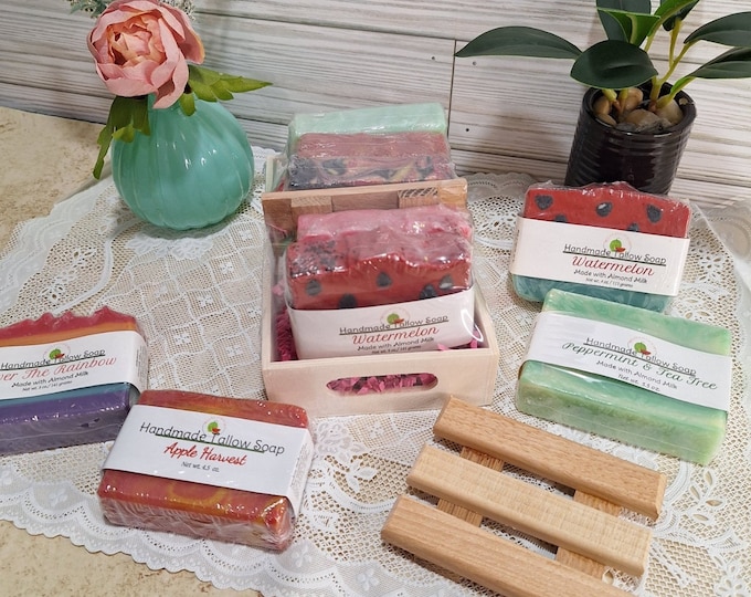 Five Tallow Soap Set with Wooden Soap Saver, Peppermint Tea Tree, Apple Harvest, Rainbow, Bonfire, and Watermelon Artisan Soap Set