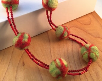 Lime Green and Red Double Stranded Wool Bead Necklace