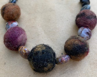 Mauve, Tan, and Black Wool Bead Necklace