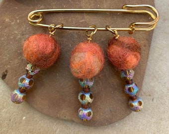 Red and Orange Felted Wool Bead Brooch on Goldtone Kilt Pin With Three Glass Beads