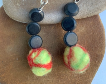 Curved Lime Green and Red Felted Wool Bead Earrings with Black Discs